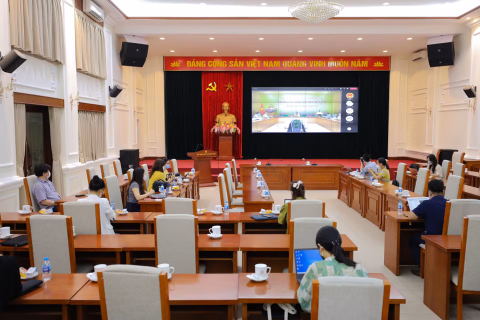 Điểm cầu Bộ Giáo dục và Đào tạo trong chương trình phát động. (Ảnh: Thanh Tùng/TTXVN)