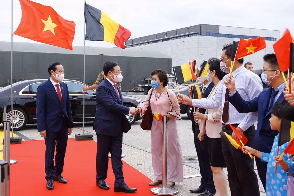 Cán bộ, nhân viên Đại sứ quán Việt Nam tại Bỉ và đại diện cộng đồng người Việt Nam tại Bỉ tiễn Chủ tịch Quốc hội Vương Đình Huệ tại sân bay Melsbroek (BRUMIL). (Ảnh: Doãn Tấn/TTXVN)