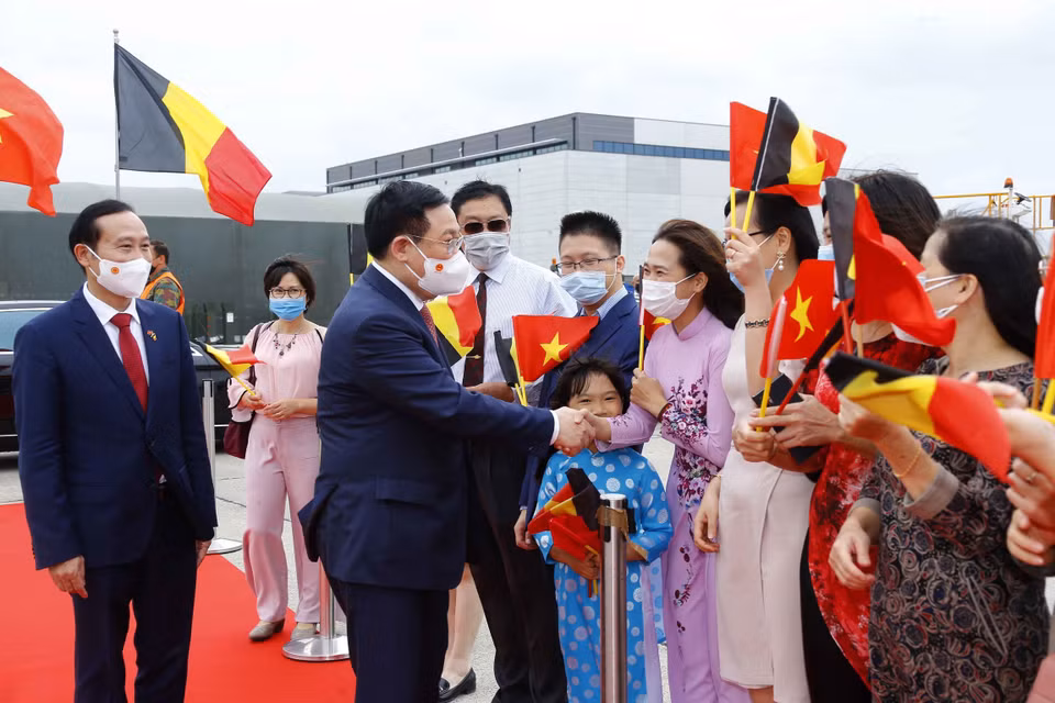 Cán bộ, nhân viên Đại sứ quán Việt Nam tại Bỉ và đại diện cộng đồng người Việt Nam tại Bỉ tiễn Chủ tịch Quốc hội Vương Đình Huệ tại sân bay Melsbroek (BRUMIL). (Ảnh: Doãn Tấn/TTXVN)