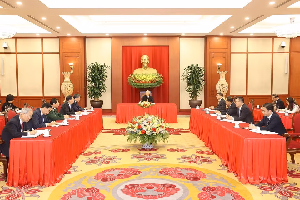 Toàn cảnh buổi điện đàm cấp cao giữa Tổng Bí thư Nguyễn Phú Trọng với Tổng thống Hoa Kỳ Joe Biden. (Ảnh: Trí Dũng/TTXVN)