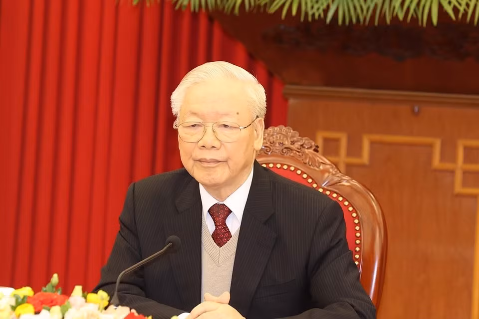 Tổng Bí thư Nguyễn Phú Trọng điện đàm cấp cao với Tổng thống Hoa Kỳ Joe Biden. (Ảnh: Trí Dũng/TTXVN)