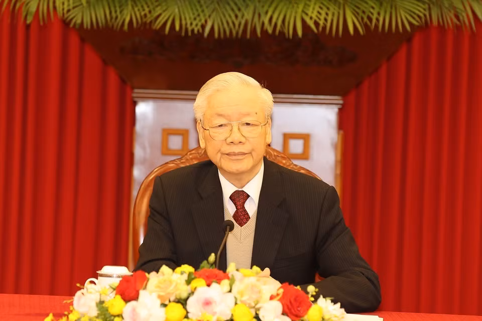 Tổng Bí thư Nguyễn Phú Trọng điện đàm cấp cao với Tổng thống Hoa Kỳ Joe Biden. (Ảnh: Trí Dũng/TTXVN)