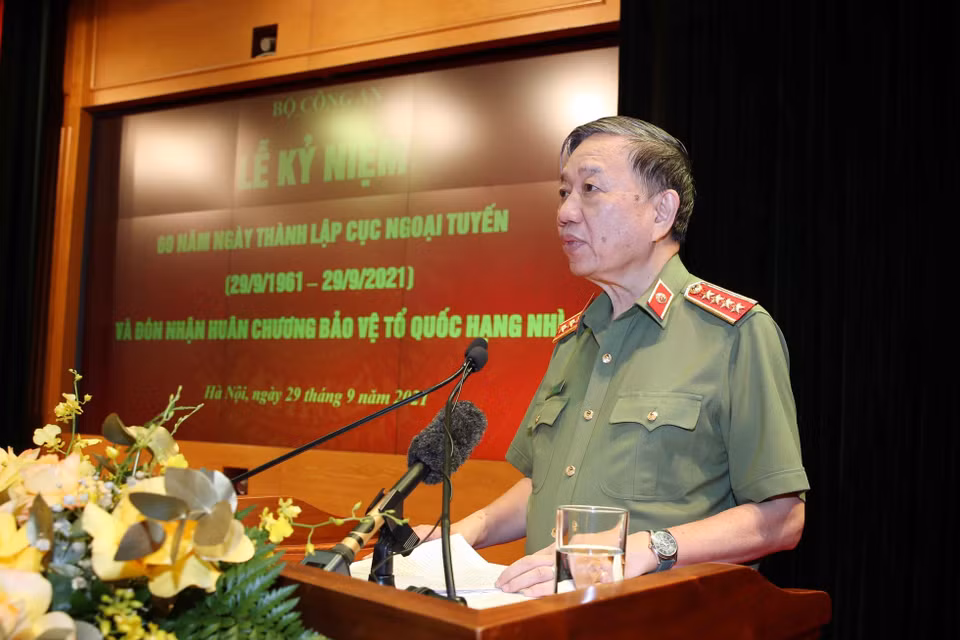 Đại tướng Tô Lâm, Ủy viên Bộ Chính trị, Bộ trưởng Bộ Công an phát biểu. (Ảnh: Phạm Kiên/TTXVN)
