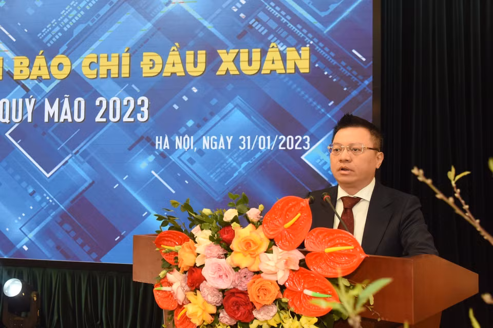 Ông Lê Quốc Minh, Phó Trưởng Ban Tuyên giáo Trung ương, Tổng Biên tập Báo Nhân Dân, Chủ tịch Hội Nhà báo Việt Nam phát biểu. (Ảnh: TTXVN)
