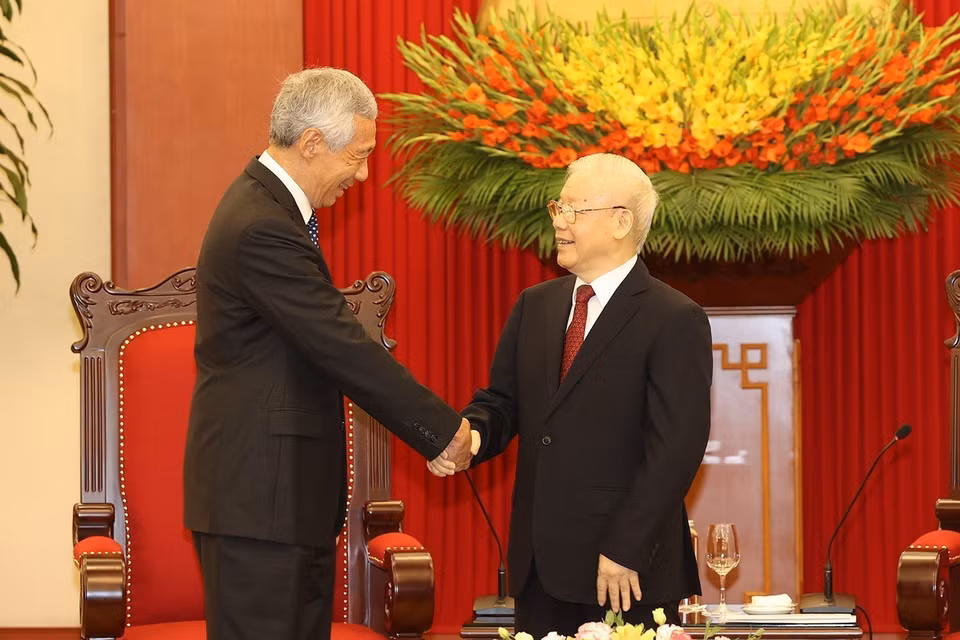Tổng Bí thư Nguyễn Phú Trọng tiếp Thủ tướng Singapore Lý Hiển Long. (Ảnh: Trí Dũng/TTXVN)