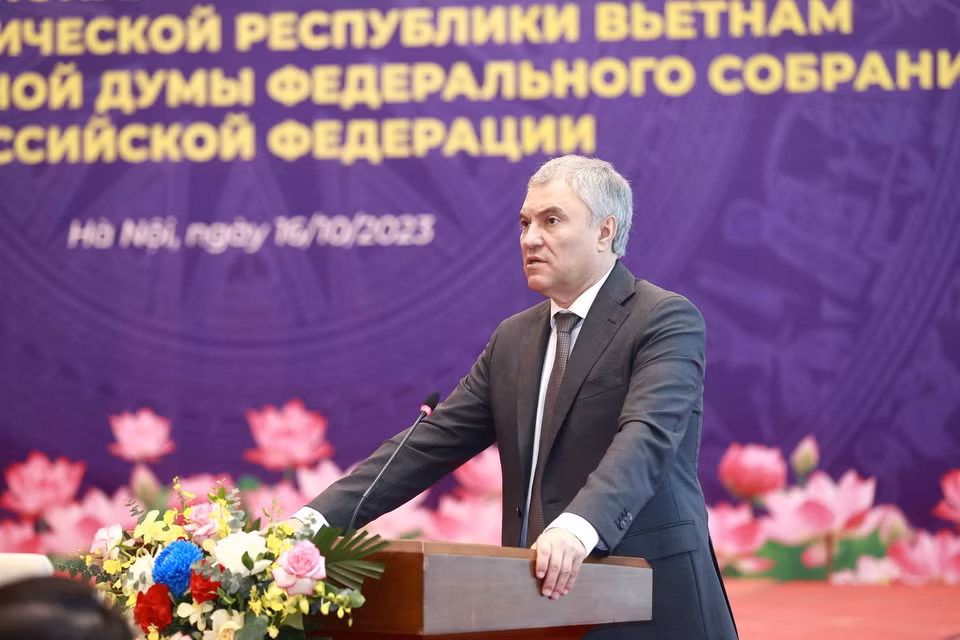 Chủ tịch Duma Quốc gia Quốc hội Liên bang Nga Vyacheslav Viktorovich Volodin phát biểu. (Ảnh: Doãn Tấn/TTXVN)