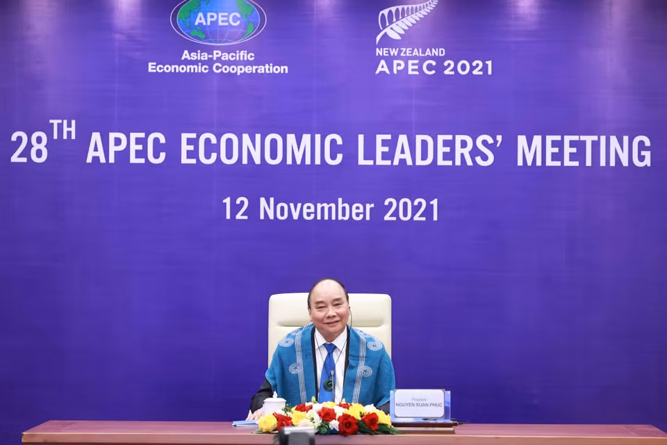 Chủ tịch nước Nguyễn Xuân Phúc dự Hội nghị các nhà Lãnh đạo kinh tế APEC lần thứ 28 theo hình thức trực tuyến. (Ảnh: Thống Nhất/TTXVN)