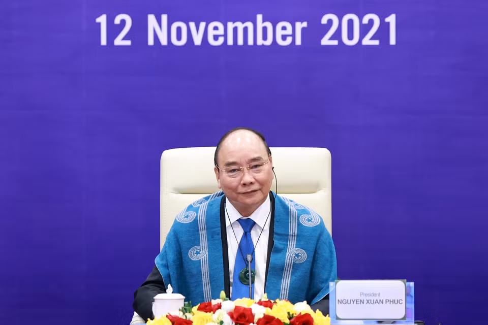 Chủ tịch nước Nguyễn Xuân Phúc dự Hội nghị các nhà Lãnh đạo kinh tế APEC lần thứ 28 theo hình thức trực tuyến. (Ảnh: Thống Nhất/TTXVN)