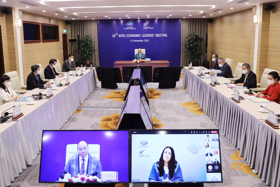 Hội nghị các nhà lãnh đạo kinh tế châu Á-Thái Bình Dương lần thứ 28 có chủ đề “Phối hợp trong APEC nhằm đẩy mạnh phục hồi kinh tế hậu COVID-19". (Ảnh: Thống Nhất/TTXVN)