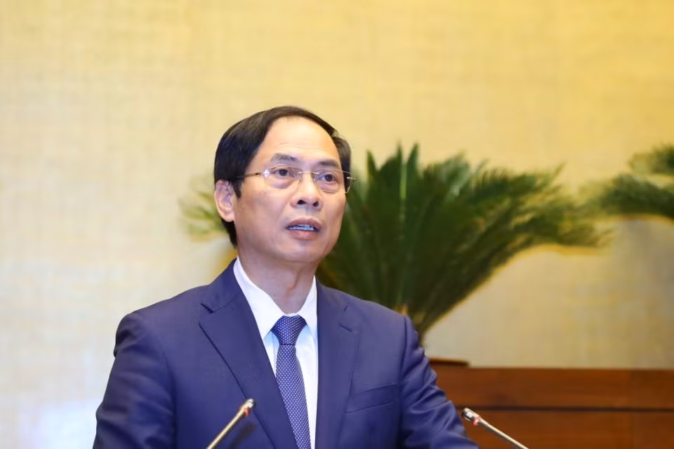 Bộ trưởng Bộ Ngoại giao Bùi Thanh Sơn báo cáo tại buổi gặp mặt. (Ảnh: Văn Điệp/TTXVN)