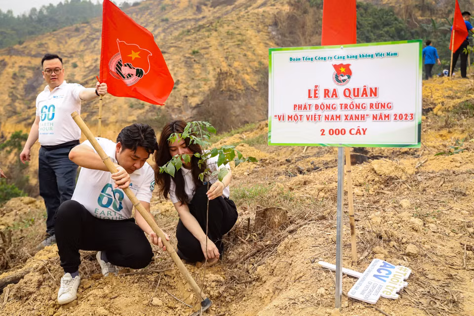 Đoàn Thanh Niên Tổng công ty Cảng hàng không Việt Nam trồng 2000 cây xanh trong lễ phát động trồng rừng. (Ảnh: Hoài Nam/Vietnam+)