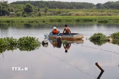 Cán bộ Trung tâm Kỹ thuật Tài nguyên và Môi trường Đồng Nai, thuộc Sở Tài nguyên và Môi trường thành phố Đồng Nai chèo thuyền ra vị trí lòng hồ thủy lợi Phước Hòa để lấy mẫu nước. (Ảnh minh họa: Đậu Tất Thành/TTXVN)