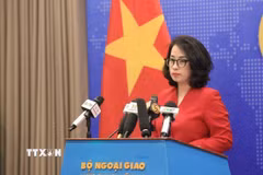 Người phát ngôn Bộ Ngoại giao Phạm Thu Hằng trả lời các câu hỏi của nhà báo. (Ảnh: Tuấn Anh/TTXVN)