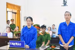 Bị cáo Lê Văn Mót (phải) lĩnh án 18 năm tù về tội “Lừa đảo chiếm đoạt tài sản.” (Ảnh: Văn Sĩ/TTXVN)