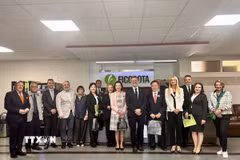 Đại sứ Nguyễn Thị Minh Nguyệt cùng đoàn công tác tại trong chuyến thăm công ty Ficosota. (Ảnh: TTXVN phát)