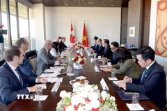 Bộ trưởng Ngoại giao Lê Hoài Trung hội đàm với Bộ trưởng Ngoại giao Canada Anita Anand. (Ảnh: TTXVN phát)