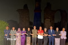 Các Đại sứ, Đại biện lâm thời và đại diện các nước thành viên ASEAN cùng thực hiện nghi thức bắt tay theo truyền thống ASEAN và chụp ảnh lưu niệm tại buổi lễ. (Ảnh: Quang Trung/TTXVN)