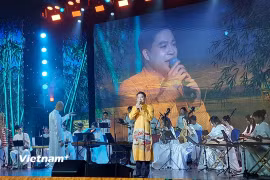 Ca sỹ Trần Tùng Anh thể hiện ca khúc "Em đi giữa biển vàng." (Ảnh: Minh Thu/Vietnam+)