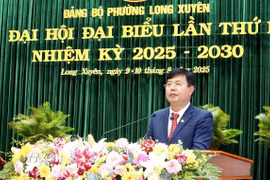 Đồng chí Nguyễn Tiến Hải, Ủy viên Trung ương Đảng, Bí thư Tỉnh ủy An Giang phát biểu chỉ đạo Đại hội. (Ảnh: Thanh Sang/TTXVN)