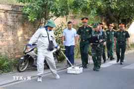 Sử dụng máy radar xuyên đất rà soát khu vực nghi có mộ liệt sỹ. (Ảnh: Mai Trang/TTXVN)