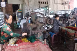 Người dân hối hả sản xuất vụ Tết tại “thủ phủ” chiếu cói Thu Xà. (Ảnh: Đinh Hương/TTXVN)