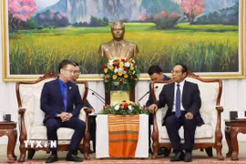Ủy viên Bộ Chính trị, Thường trực Ban Bí thư, Phó Chủ tịch nước Lào Bounthong Chitmany tiếp Bí thư Trung ương Đoàn Nguyễn Tường Lâm. (Ảnh: Xuân Tú/TTXVN)