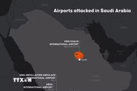 Đồ họa thông tin về các sân bay tại Saudi Arabia bị tấn công, được thực hiện tại Ankara, Thổ Nhĩ Kỳ ngày 9/10/2026. (Ảnh: AA/TTXVN phát)