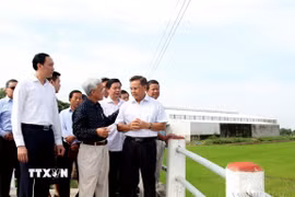 Đồng chí Xaysomphone Phomvihane (bên phải) tìm hiểu về mô hình cánh đồng lớn tại huyện Cờ Đỏ, thành phố Cần Thơ (22/6/2019). (Ảnh: TTXVN phát)