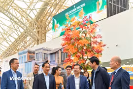 Các gian hàng cơ bản hoàn thành công tác chuẩn bị cho ngày khai mạc. (Ảnh: PV/Vietnam+)