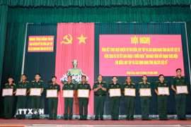 Các cá nhân có thành tích xuất sắc trong công tác tìm kiếm, quy tập và xác định danh tính hài cốt liệt sỹ trên địa bàn tỉnh nhận bằng khen của Chủ tịch UBND tỉnh. (Ảnh: Hồng Thái/TTXVN)