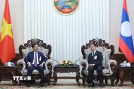 Đại tướng Phan Văn Giang, Bộ trưởng Bộ Quốc phòng Việt Nam gặp Đại tướng Khamlieng Outhakaysone, Bộ trưởng Bộ Quốc phòng Lào. (Ảnh: Xuân Tú/TTXVN)