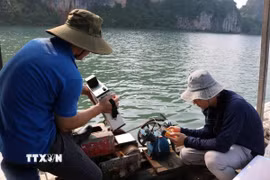 Nhóm nghiên cứu lấy mẫu nước biển tại Vịnh Hạ Long và Cửa Lục. (Ảnh: Diệu Thúy/TTXVN)