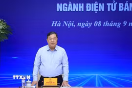Phó Thủ tướng Thường trực Phạm Gia Túc phát biểu tại cuộc làm việc với Hiệp hội Điện tử Việt Nam và các doanh nghiệp xuất nhập khẩu lớn của ngành điện tử bán dẫn. (Ảnh: Tuấn Anh/TTXVN)