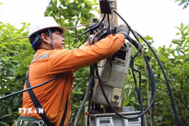 Công nhân Công ty Điện lực khắc phục sự cố điện do ảnh hưởng mưa lũ. (Ảnh: TTXVN phát)