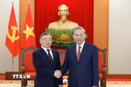 Tổng Bí thư Tô Lâm tiếp đồng chí Lý Thư Lỗi, Ủy viên Bộ Chính trị, Bí thư Ban Bí thư, Trưởng Ban Tuyên truyền Trung ương, Đảng Cộng sản Trung Quốc. (Ảnh: Thống Nhất/TTXVN)