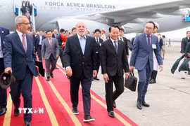 Bộ trưởng Bộ Nông nghiệp và Môi trường Đỗ Đức Duy đón Tổng thống Brazil Luiz Inácio Lula da Silva tại Sân bay quốc tế Nội Bài, Hà Nội. (Ảnh: Phạm Kiên/TTXVN)