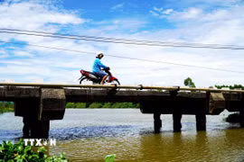 Cầu Đò Mốc, phường Trà Câu xuống cấp nghiêm trọng, không còn khả năng chịu tải đối với các phương tiện có tải trọng trên 10 tấn. (Ảnh: Lê Phước Ngọc/TTXVN)