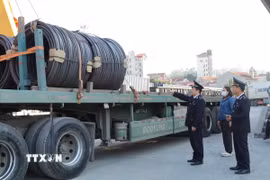 Hải quan cửa khẩu Ga đường sắt quốc tế Đồng Đăng (Lạng Sơn) kiểm soát hàng hóa xuất nhập khẩu tại bãi hóa trường. (Ảnh: Quang Duy/TTXVN)