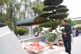 Phó Chủ tịch Trung ương Hội Cựu Thanh niên xung phong Việt Nam Thân Đức Nam thành kính dâng hoa tại Khu mộ 10 nữ anh hùng liệt sỹ thanh niên xung phong ở Ngã ba Đồng Lộc. (Ảnh: Hữu Quyết/TTXVN)