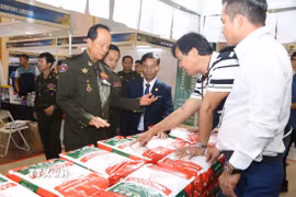 Quốc vụ khanh Bộ Quốc phòng Campuchia Tan Thanna tìm hiểu sản phẩm được trưng bày tại hội chợ. (Ảnh: Minh Hưng/TTXVN)