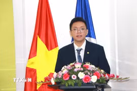 Tân Chủ tịch Hội sinh viên Việt Nam tại Ấn Độ lần thứ nhất Bùi Hoàng Long phát biểu tại Đại hội. (Ảnh: Quang Trung/TTXVN)