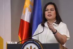 (Tư liệu) Phó Tổng thống Philippines Sara Duterte phát biểu tại cuộc họp báo ở Mandaluyong. (Ảnh: THX/TTXVN phát)