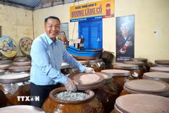 Mỗi năm cơ sở sản xuất của anh Phú ủ khoảng 70 tấn cá cơm, theo công thức ủ mắm gia truyền tại làng cổ Nam Ô, phường Hải Vân, thành phố Đà Nẵng. (Ảnh: Quốc Dũng/TTXVN)