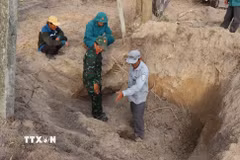 Lực lượng chức năng trên địa bàn tỉnh Quảng Ngãi tìm kiếm, quy tập hài cốt liệt sỹ. (Ảnh: Phạm Cường/TTXVN)