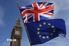 (Tư liệu) Quốc kỳ Anh (phía trên) và quốc kỳ EU (phía dưới) tại London, Anh. (Ảnh: AFP/TTXVN)