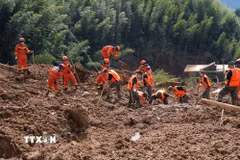 Lực lượng cứu hộ tìm kiếm nạn nhân tại khu vực sạt lở sau mưa lớn ở huyện Toại Xuyên, tỉnh Giang Tây, Trung Quốc ngày 6/9/2026. (Ảnh: THX/TTXVN phát)