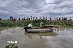 Khắc phục sự cố tại bờ hữu kênh Cửu An (thôn An Nghiệp, xã Thanh Miện). (Ảnh: TTXVN phát)