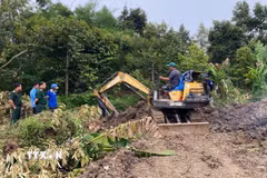 Đội K91 tìm kiếm, quy tập hài cốt liệt sỹ tại khu vực vườn sầu riêng ở ấp Bình Hòa, xã Ngũ Hiệp, tỉnh Đồng Tháp. (Ảnh: TTXVN phát)