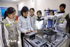Sinh viên thực tập Môn lập trình vi điều khiển tại Trường Cao đẳng Công nghệ Việt-Hàn Bắc Giang. (Ảnh: Danh Lam/TTXVN)