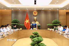 Bí thư Trung ương Đảng, Phó Thủ tướng Phạm Thị Thanh Trà, Trưởng Ban Chỉ đạo quốc gia về tìm kiếm, quy tập và xác định danh tính hài cốt liệt sỹ chủ trì buổi làm việc. (Ảnh: TTXVN)